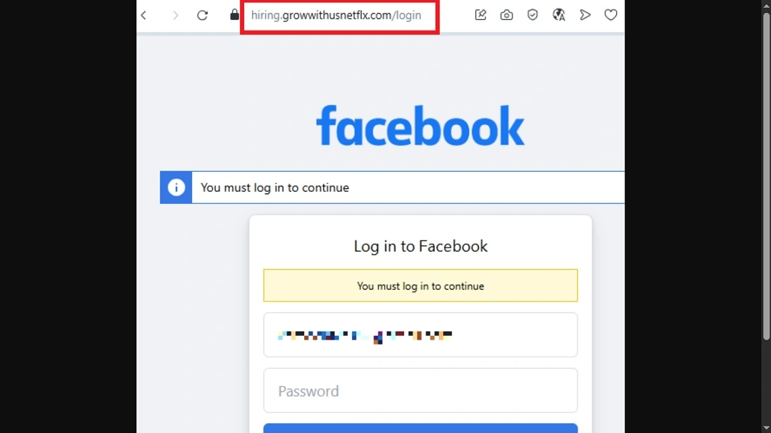 A screenshot of the fake Facebook site where threat actors can view and steal passwords from victims in real time.