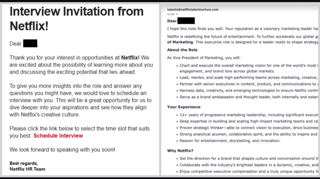 The fake Netflix job offer email Malwarebytes shared.