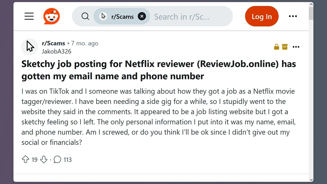 A screenshot of a Reddit user warning about a fake Netflix Job ad.