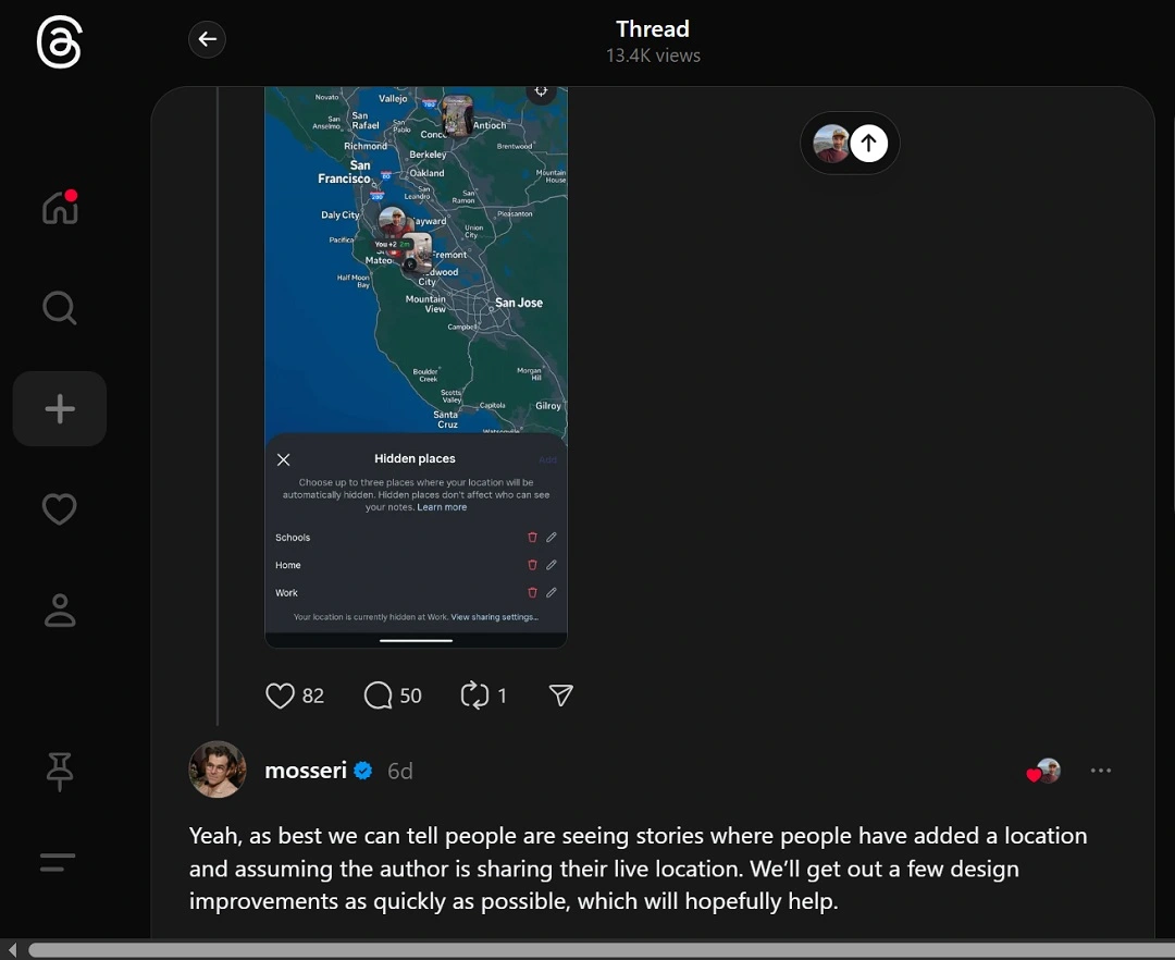 A screenshot showing Adam Mosseri responding to a post about Instagram Map.