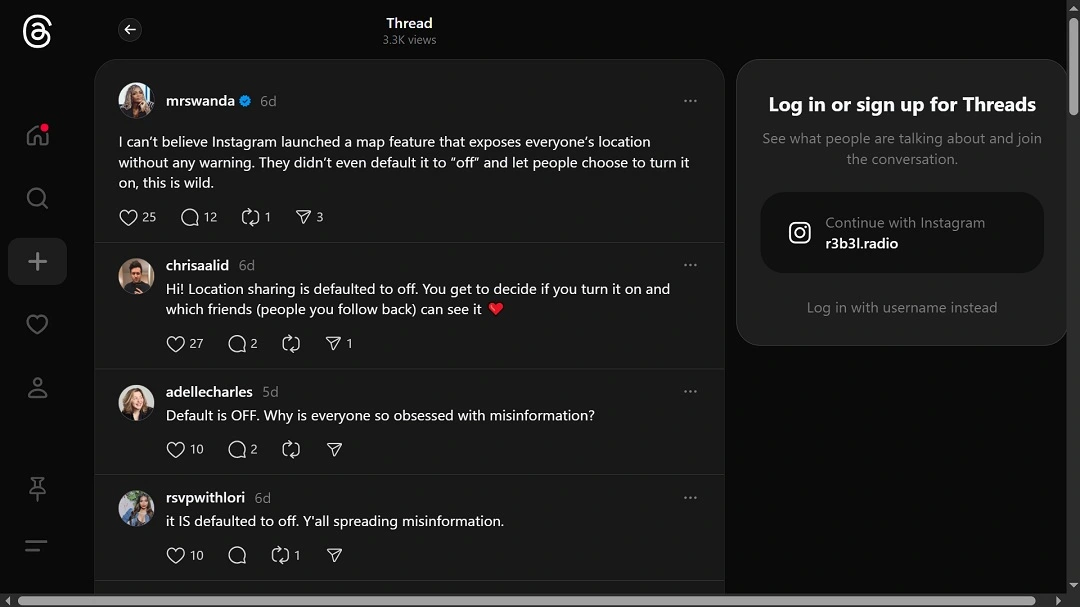 A screenshot of a discussion on Threads about the controversial Map feature.