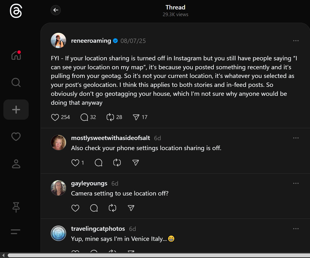 A screenshot of a discussion on Threads about the Instagram Map feature.