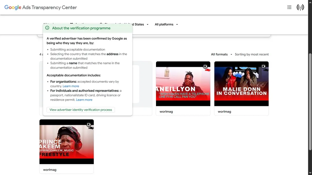 A screenshot of the Google Ads Transparency Center.
