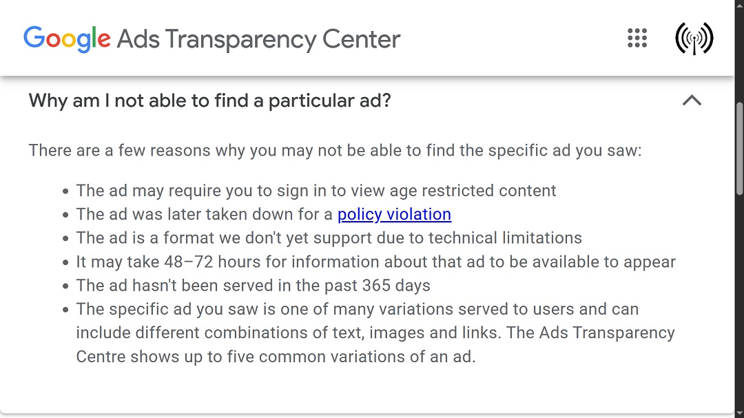A screenshot of the Google Ads Transparency Center.