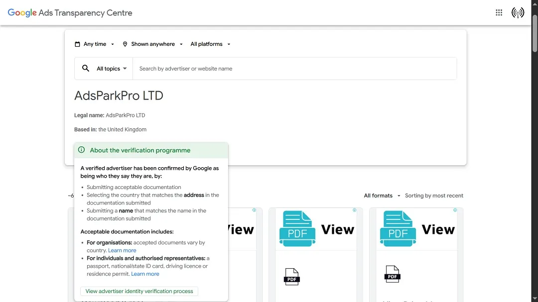 A screenshot of the advertiser found by a search for the site fileripple[.]com.