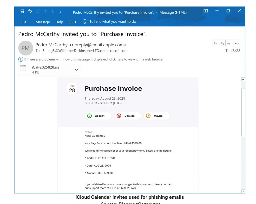 The iCloud Calendar phishing email that Bleeping Computer shared and reported about.