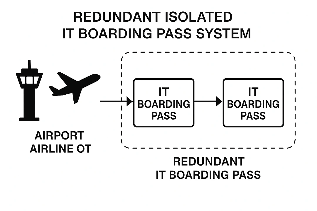 A flow chart explaining the Redundant Isolated IT Boarding Pass System.