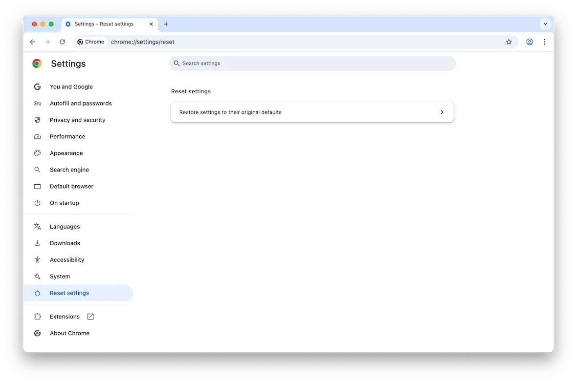 A screenshot of the Google Chrome settings window, showing how to Reset Settings.