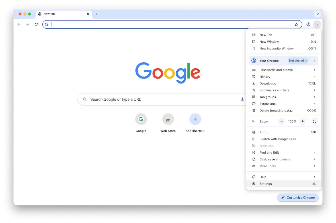 A screenshot of the Google Chrome settings menu.