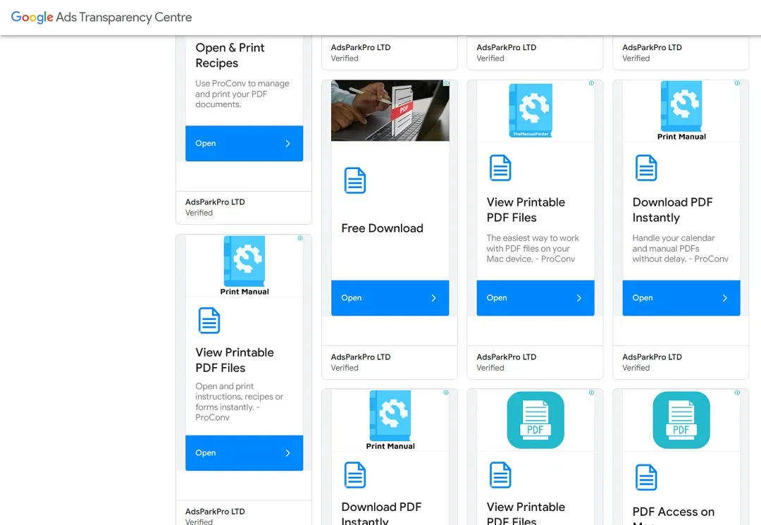 A screenshot of Google Ads Transparency Center data.