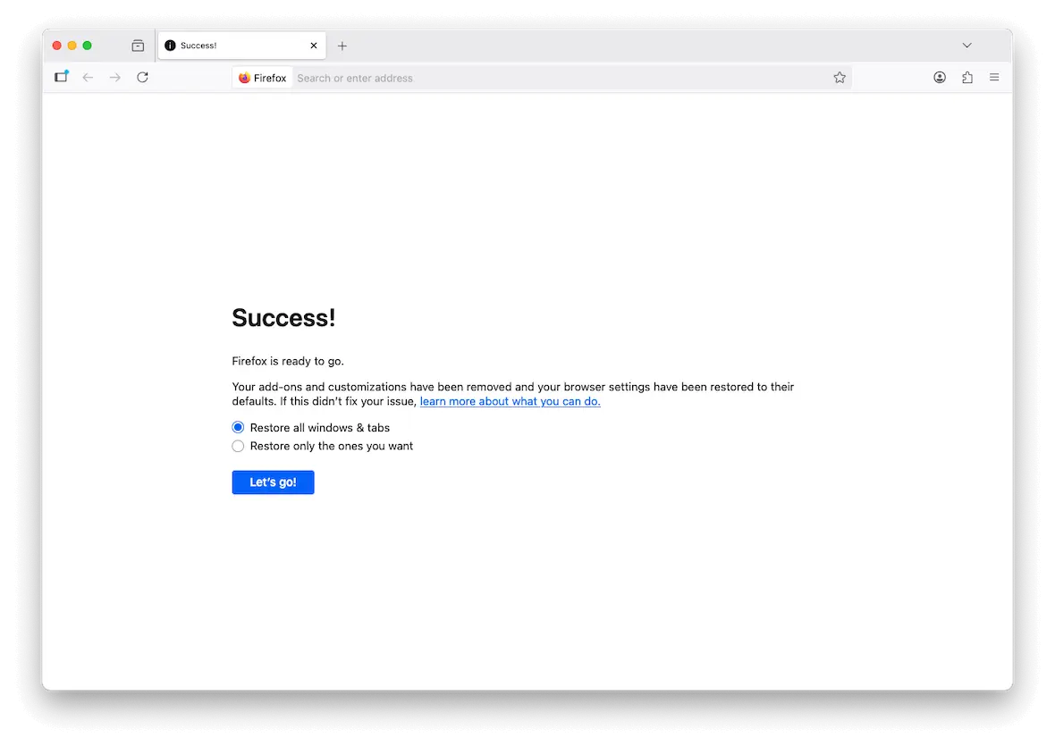 Screenshot of Firefox window after a successful browser reset.
