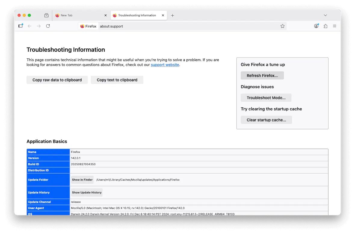 Screenshot of Firefox "Troubleshooting Information" window.