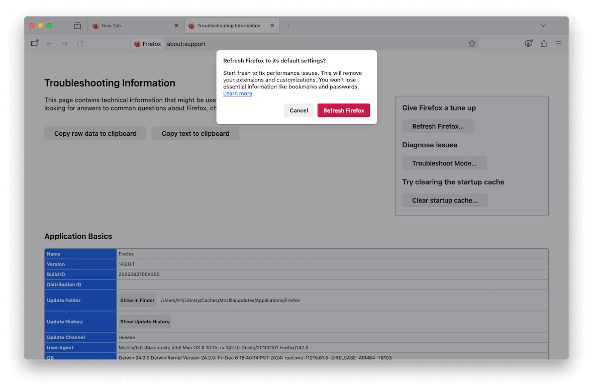 Screenshot of Firefox "Refresh Firefox" pop-up window.