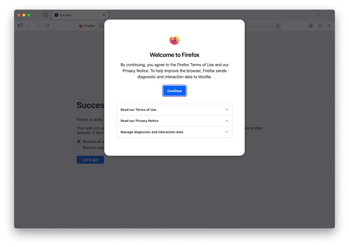 Screenshot of the "Welcome to Firefox" pop-up window.