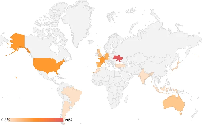A heatmap showing the geographic distribution of observed MacSync stealer activity.
