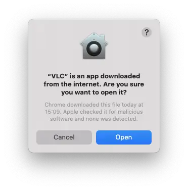 Screenshot of a warning message about opening an app you downloaded from the internet.