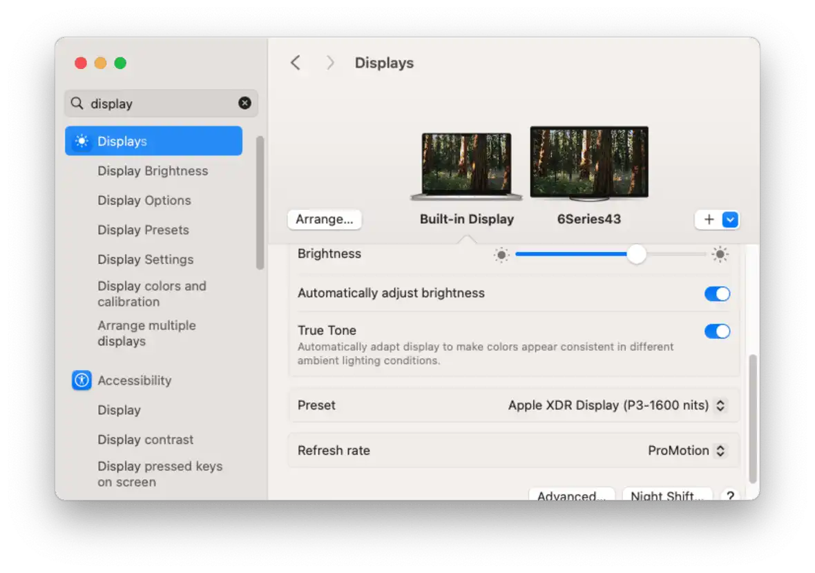 Screenshot of the MacBook display settings menu where you can disable True Tone.
