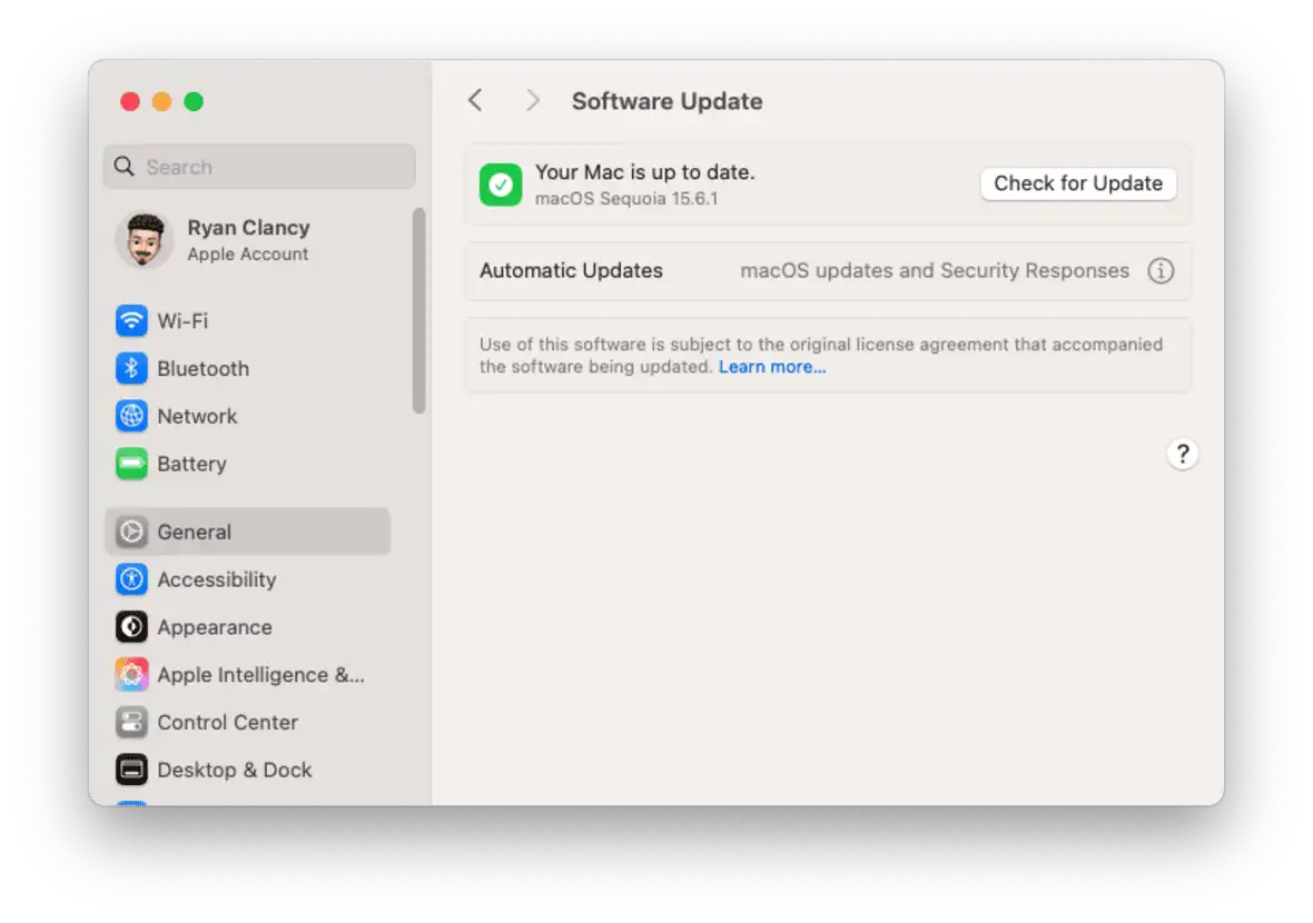 Screenshot of a Mac's software settings showing if a software update is needed