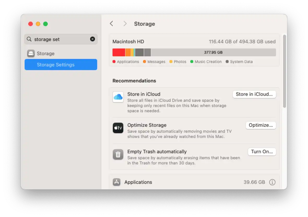 Screenshot of a MacBook's storage settings