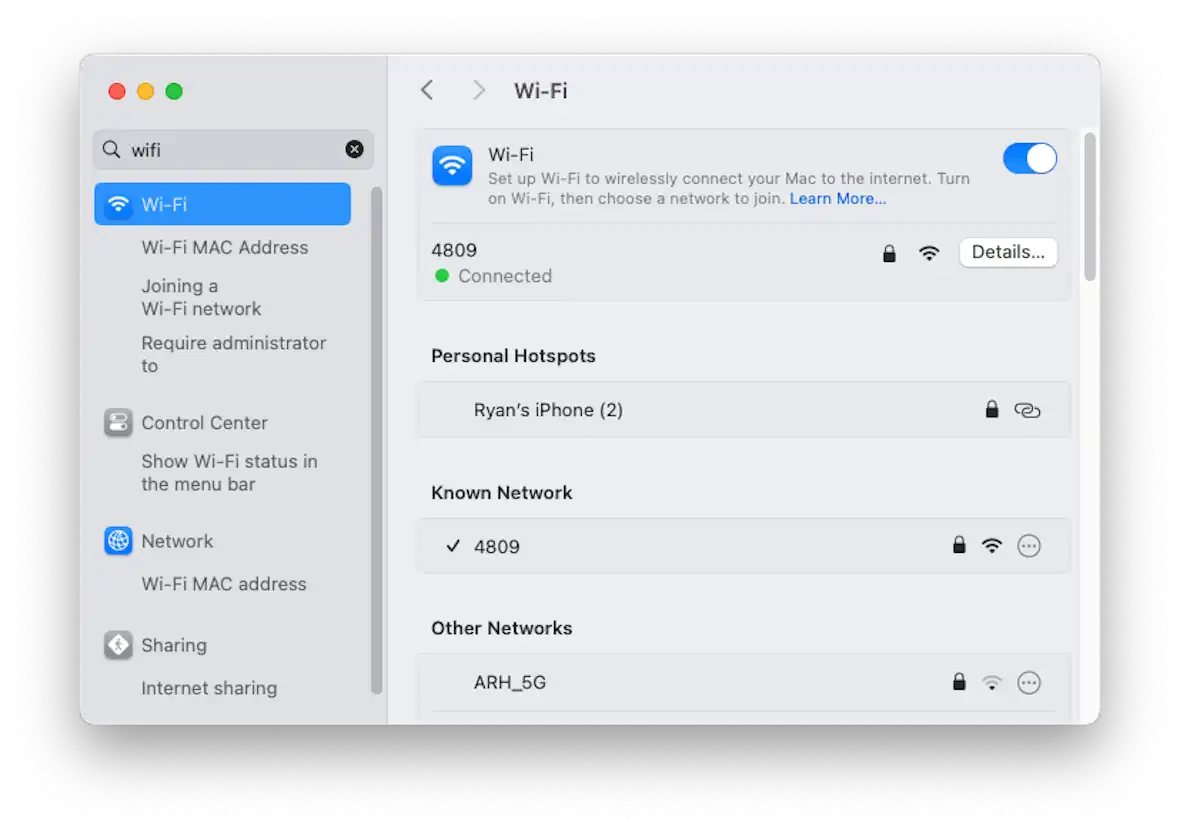 Screenshot of a MacBook's quick settings showing Wi-Fi, Bluetooth and Display Brightness settings. MacOS is a trademark of Apple Inc.