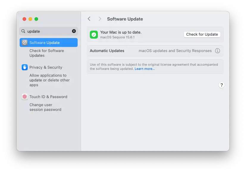 Screenshot of a MacBook's update settings. MacOS is a trademark of Apple Inc.