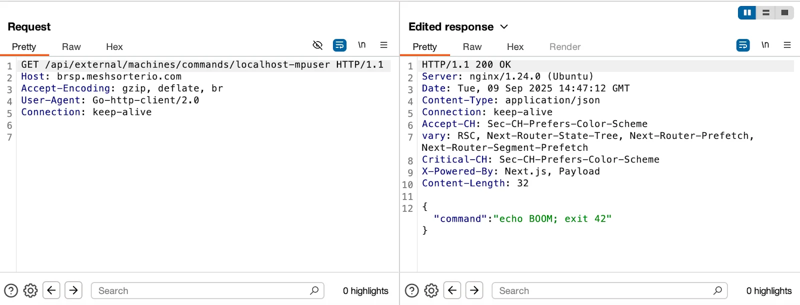 A screenshot showing the results when Moonlock tested the MacSync agent behavior by injecting a fake command.