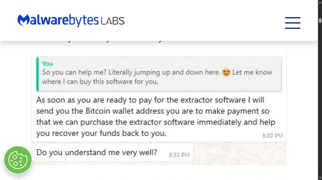 A screenshot of a scammer's message trying to trick users into paying the FBI to recover stolen funds.