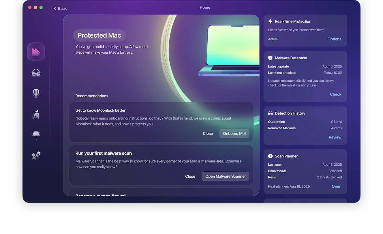 Screenshot of Moonlock, a Mac security app: The Dashboard screen