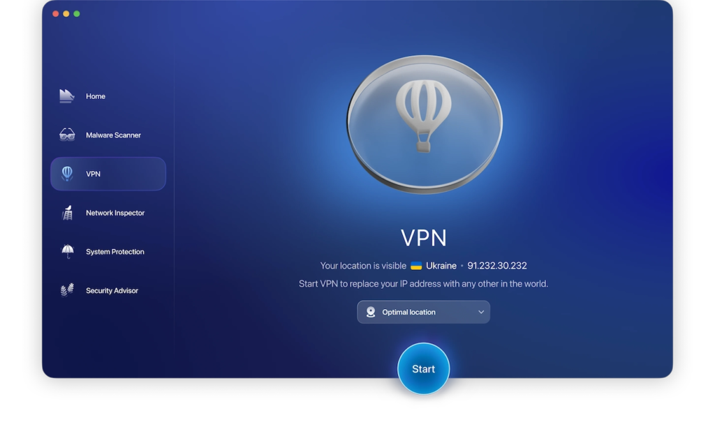 Screenshot of Moonlock, a Mac security app: the VPN screen.