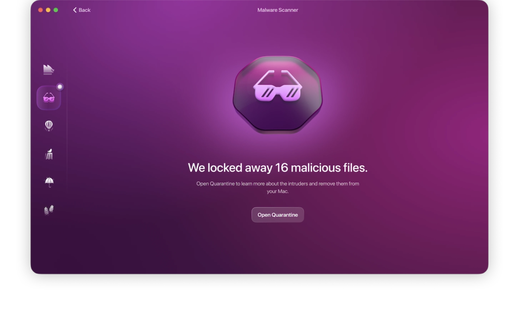 Screenshot of Moonlock, a Mac security app: The malware scan results screen.