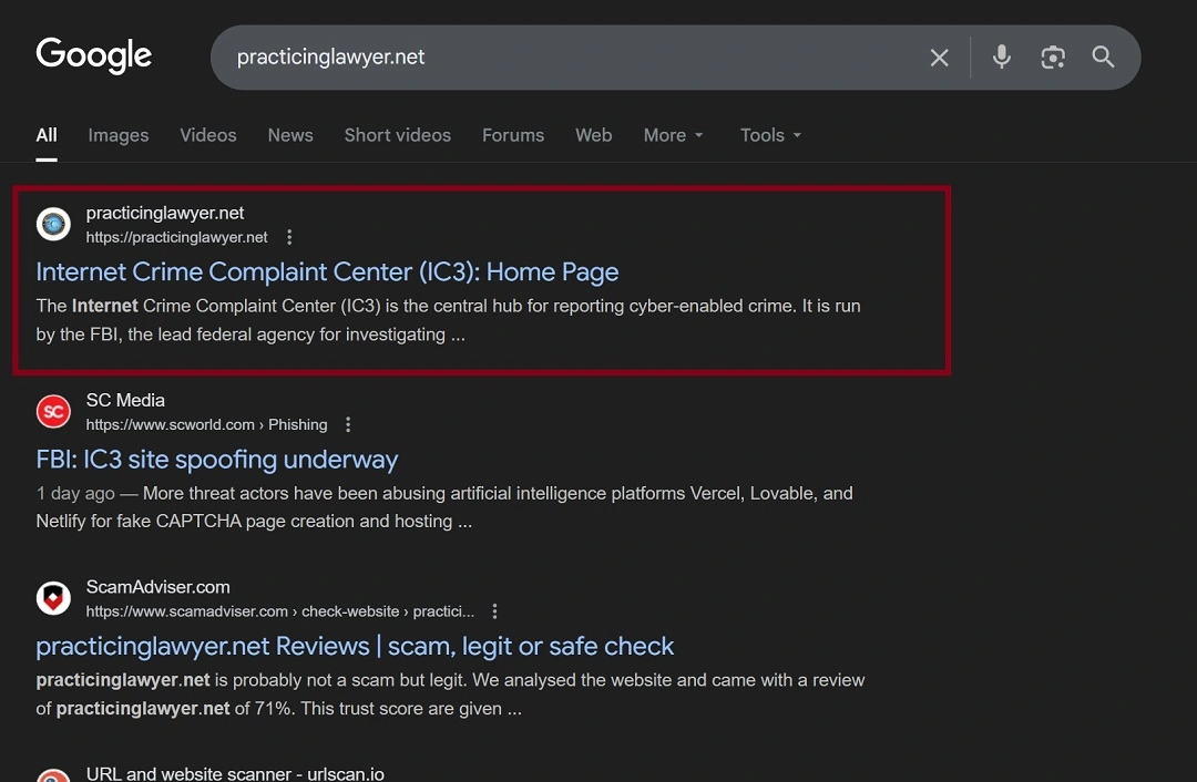 A screenshot of Google Search, showing a fake IC3 site ranking high results.