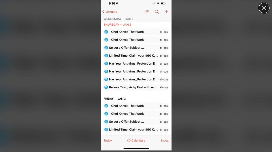 A screenshot shared by a Reddit user showing a ridiculous amount of Calendar spam.