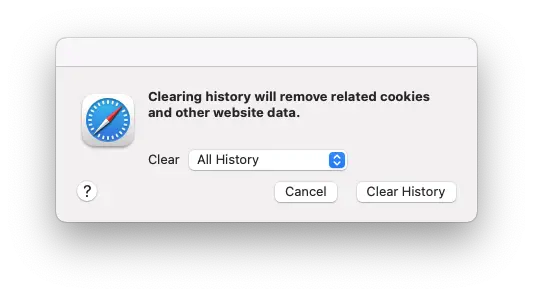 Screenshot of the Safari "Clear History" pop-up window.