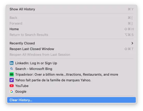 A screenshot of the Safari "History" drop-down menu, showing the option to select "Clear History..."