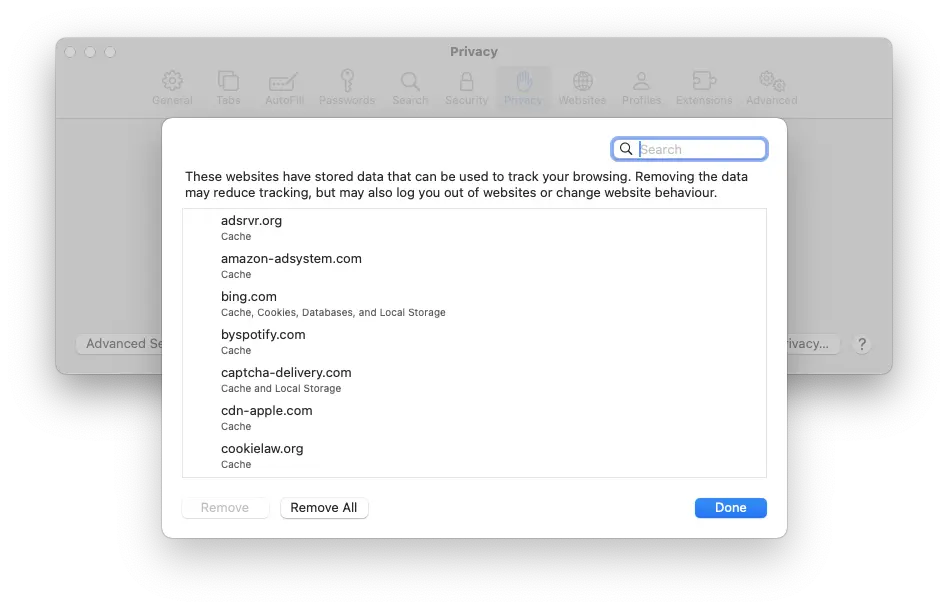A screenshot of the cookies list on Safari on Mac.