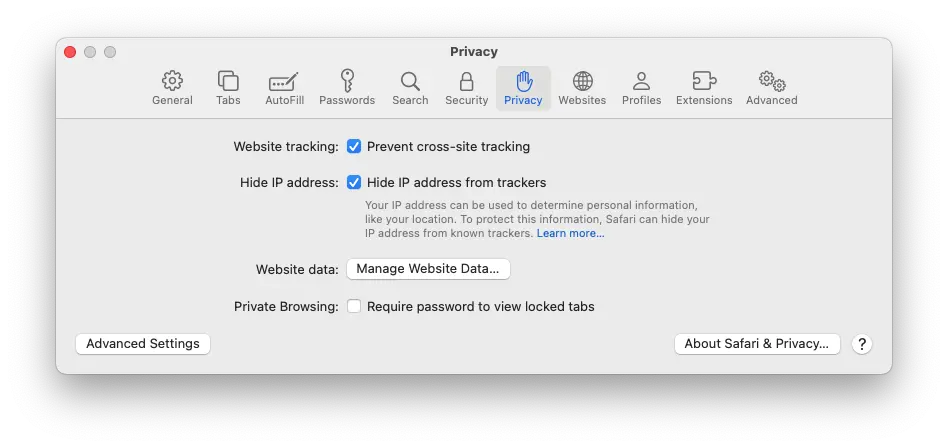 A screenshot of the Safari privacy settings window on Mac.