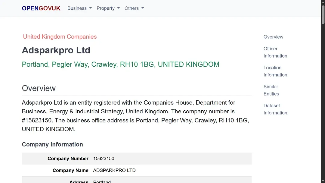 A screenshot of the public data on the advertiser, made available by the UK government.