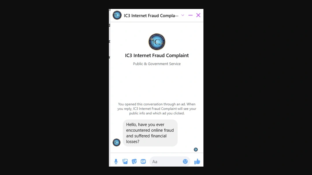 A screenshot showing a scammer impersonating an IC3 worker contacting a victim via social media messaging.
