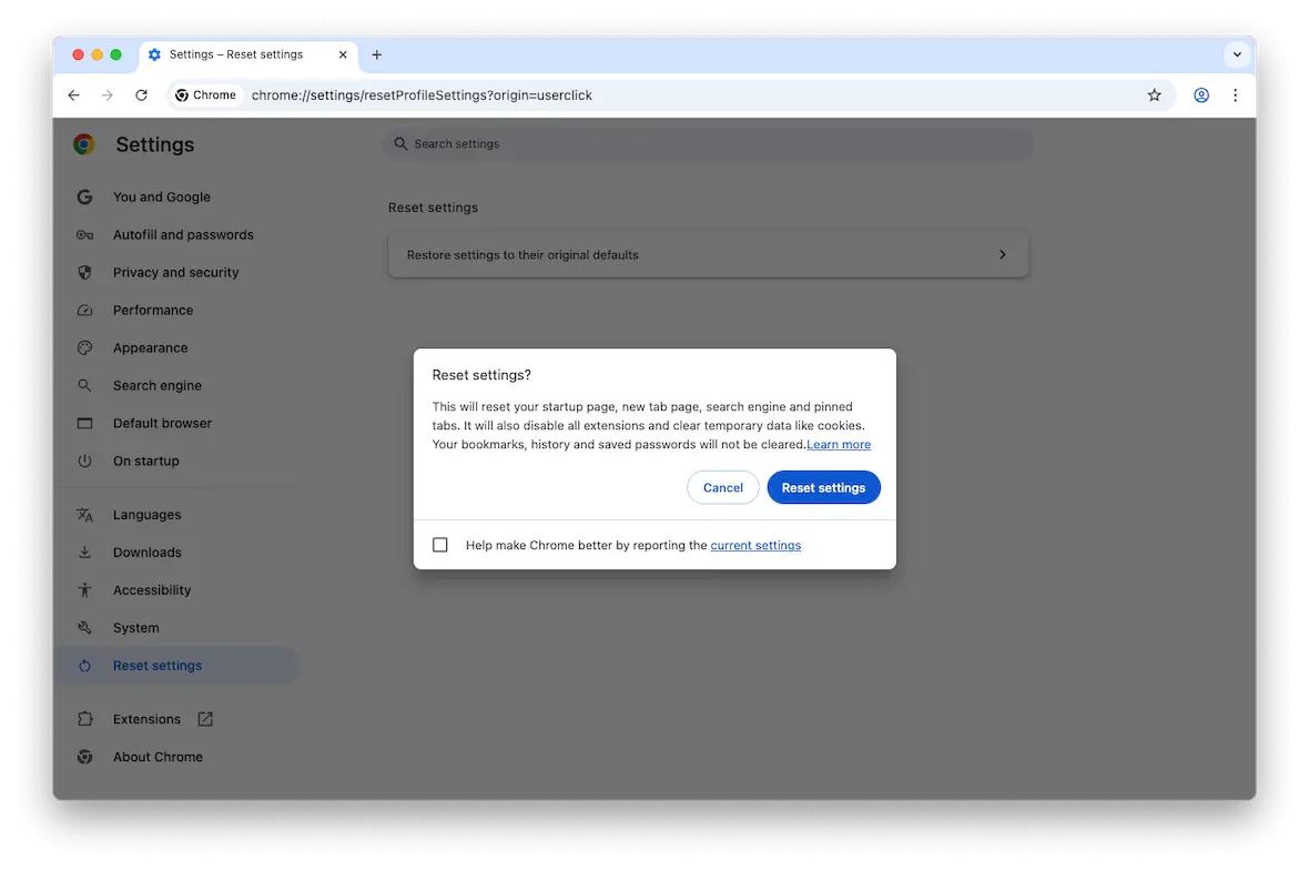 A screenshot of Google Chrome with a "Reset Settings" pop-up window.