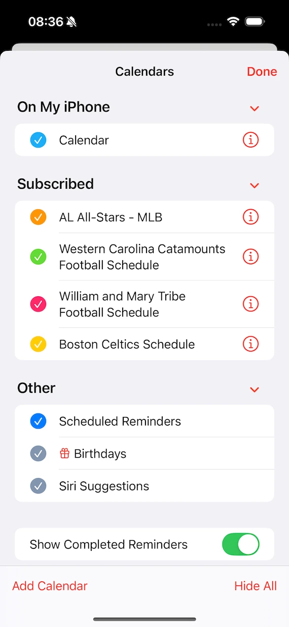 Screenshot of an iPhone Calendar app, editing subscription calendars.