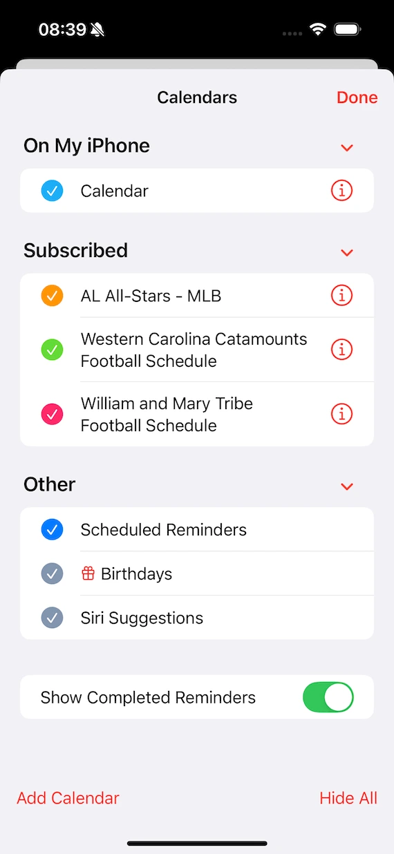 Screenshot of the iPhone Calendar app, editing the list of calendars.