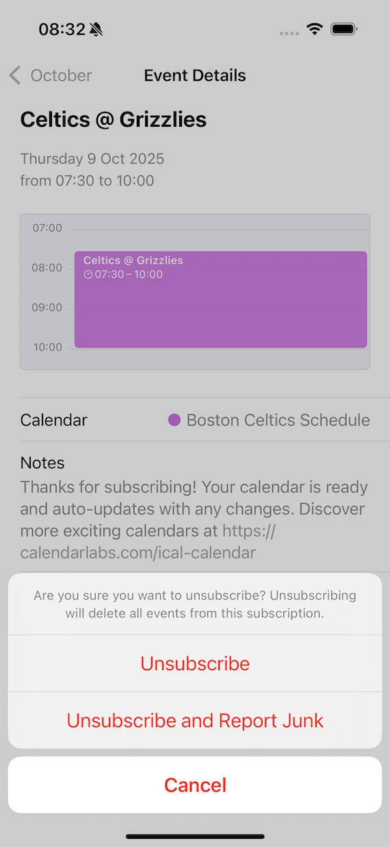 Screenshot of iPhone Calendar, unsubscribing from a calendar.