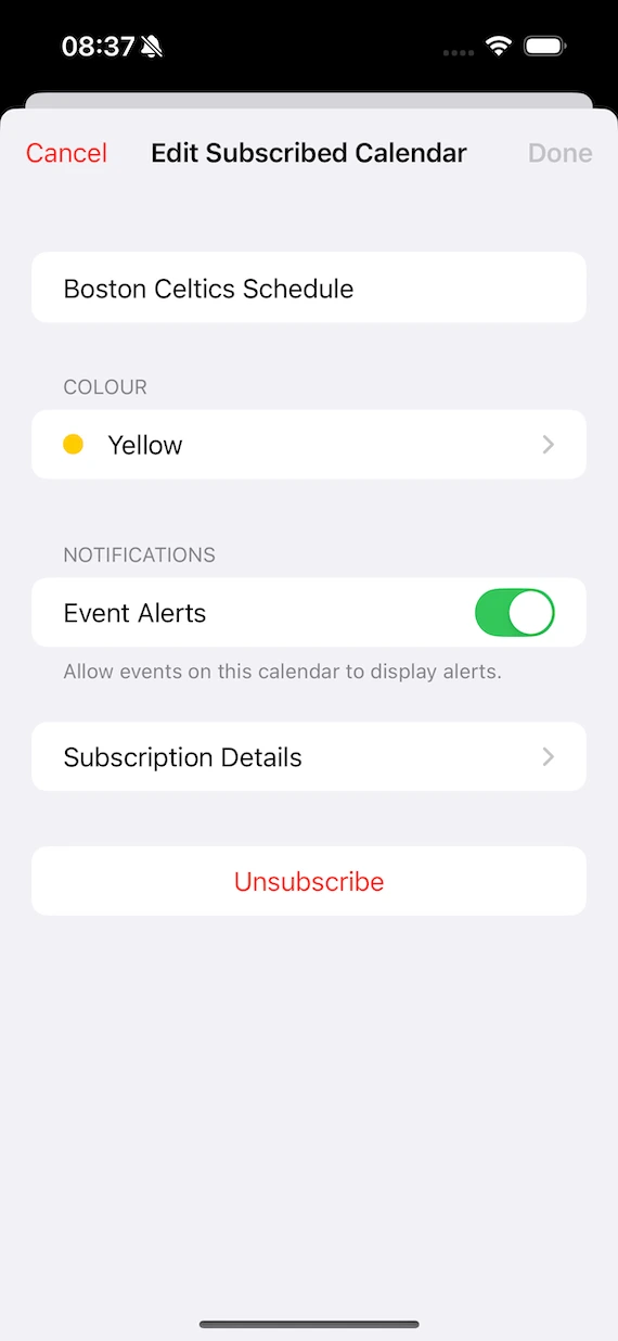 Screenshot of the iPhone Calendar app, editing event alerts.