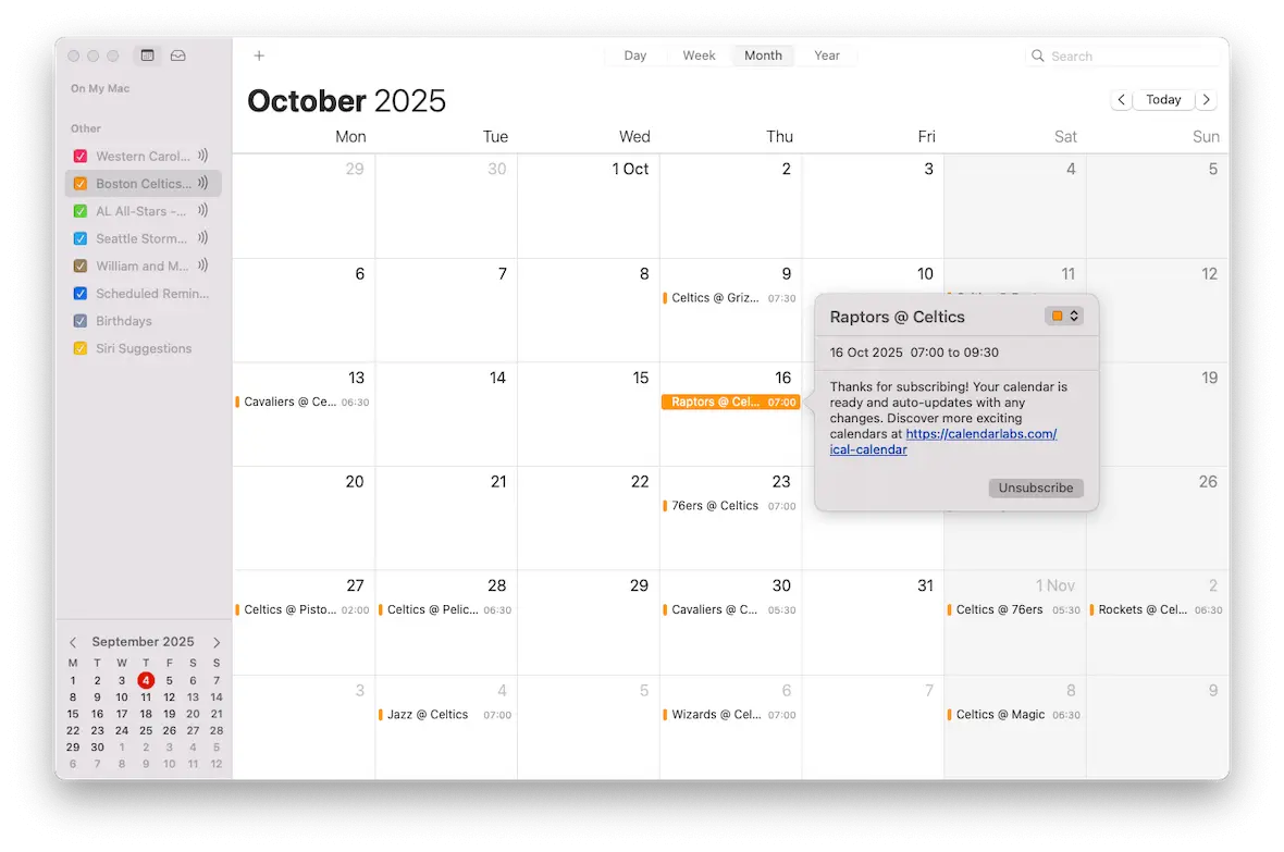 Screenshot of the Calendar app on Mac, showing spam event details.