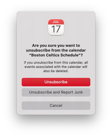 Screenshot of a pop-up window confirming unsubscribing from a calendar on Mac.