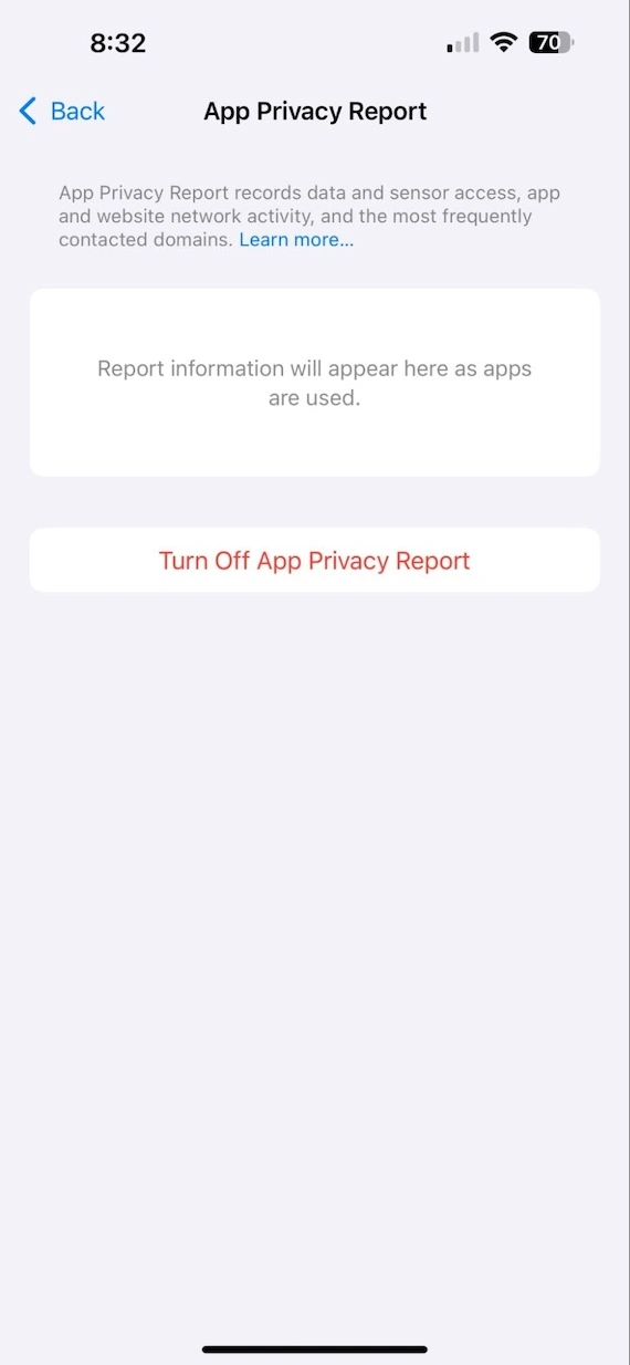 App Privacy Report settings step 2