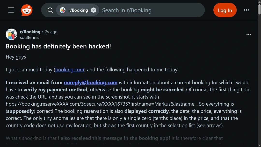 2 year old post on Reddit warning on Booking scam.