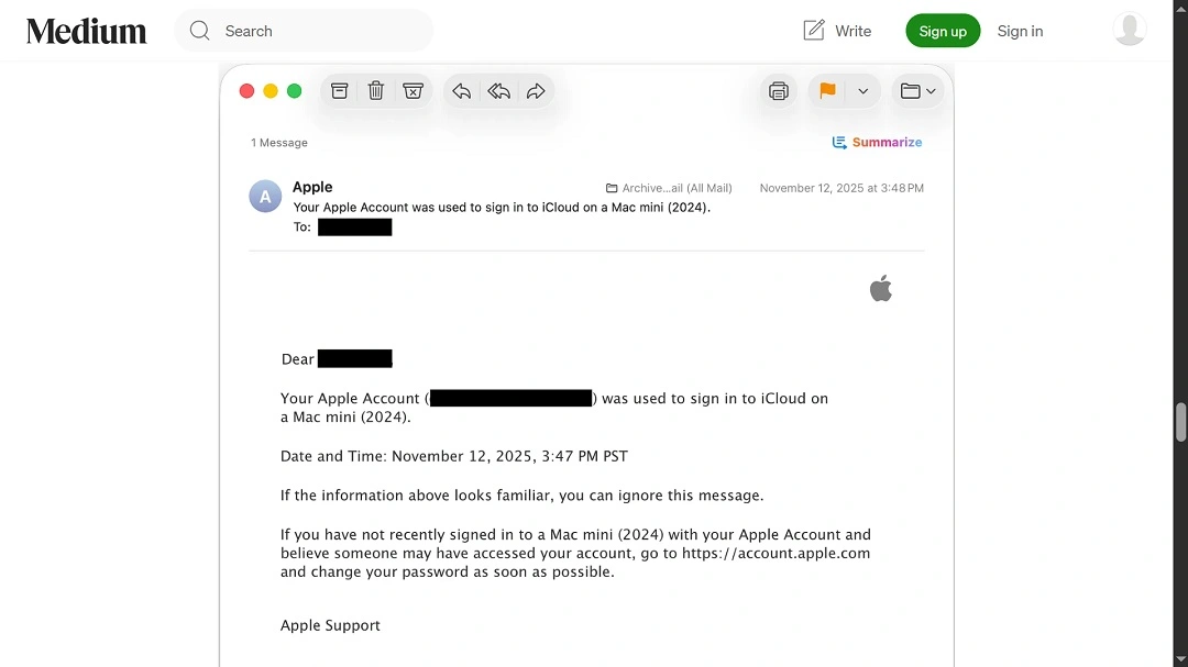 A screenshot of the email that Eric Moret received from Apple informing him of an account sign-in.