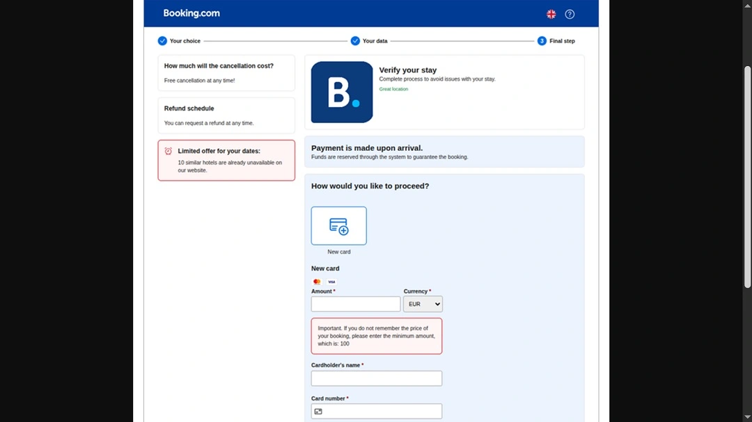 A screenshot showing an example of credit card phishing on Booking.